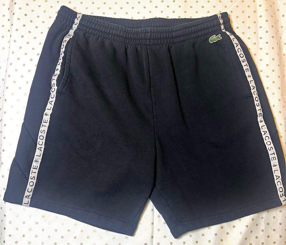 Lacoste Men’s Black Sweat Shorts L Regular Logo Tape Elastic Waist Pockets